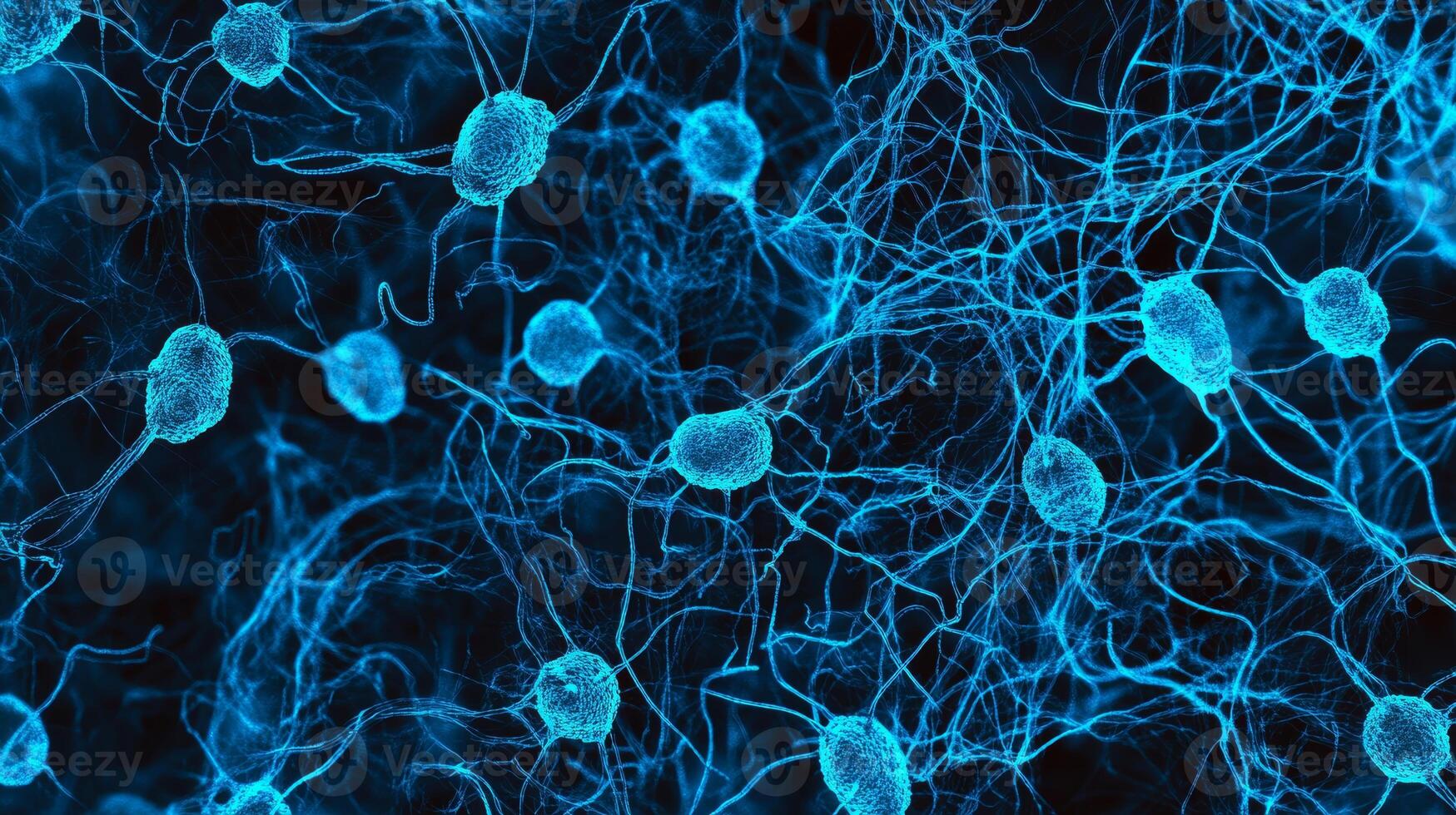 Microscopic view of neural connections highlighting complex synaptic structures in blue photo