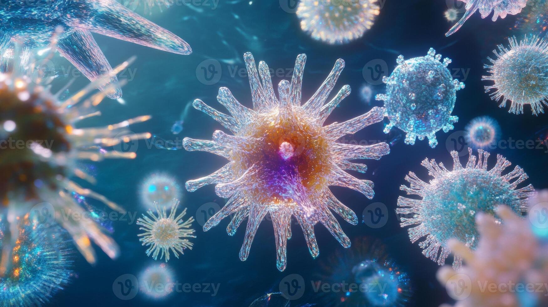 Detailed microscopic view of various viruses in a vibrant underwater scene photo