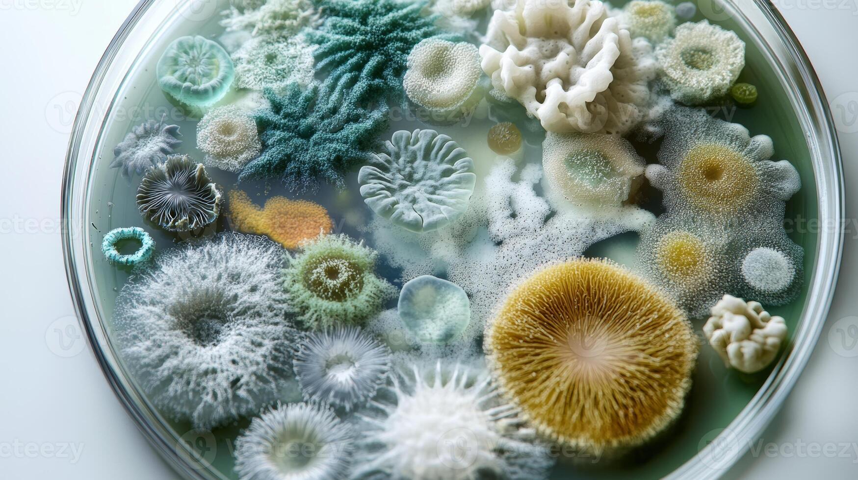 Diverse fungal and microbial growth in petri dish with varied colors and textures photo