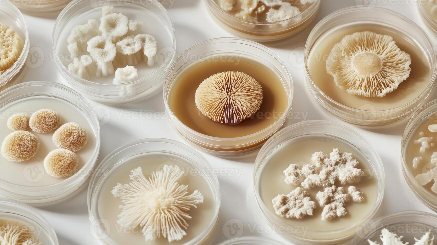 Diverse fungal growths in petri dishes showcase unique morphologies and textures photo