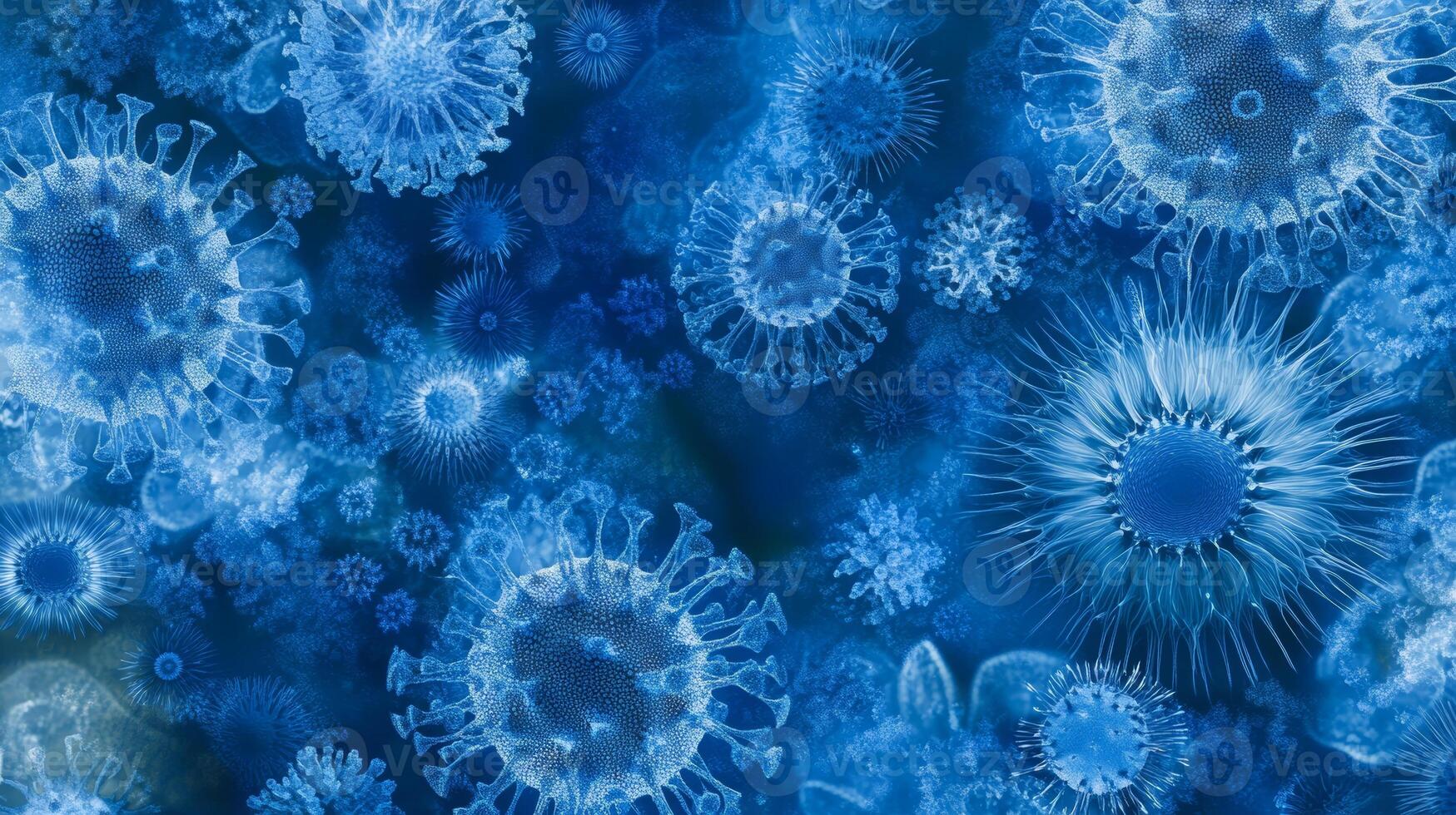 Microscopic view of diverse blue viruses and bacteria in abstract pattern photo