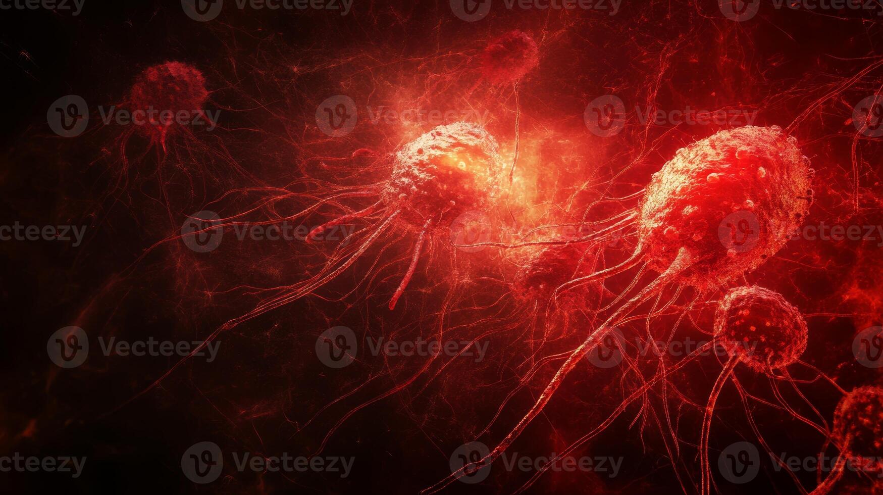 Microscopic view of aggressive cancer cells in vivid red hues photo