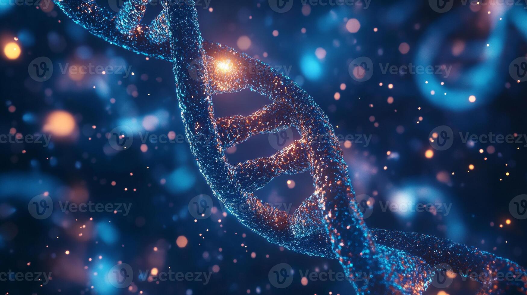 Glowing dna strand in dark background with bokeh effects photo
