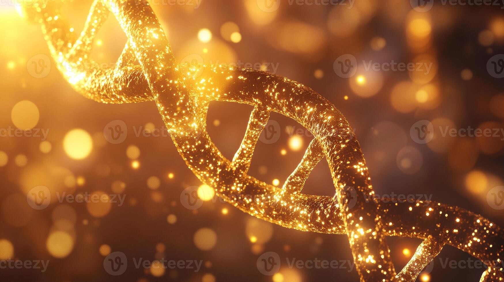 Golden dna strand glittering in golden light with bokeh effect photo