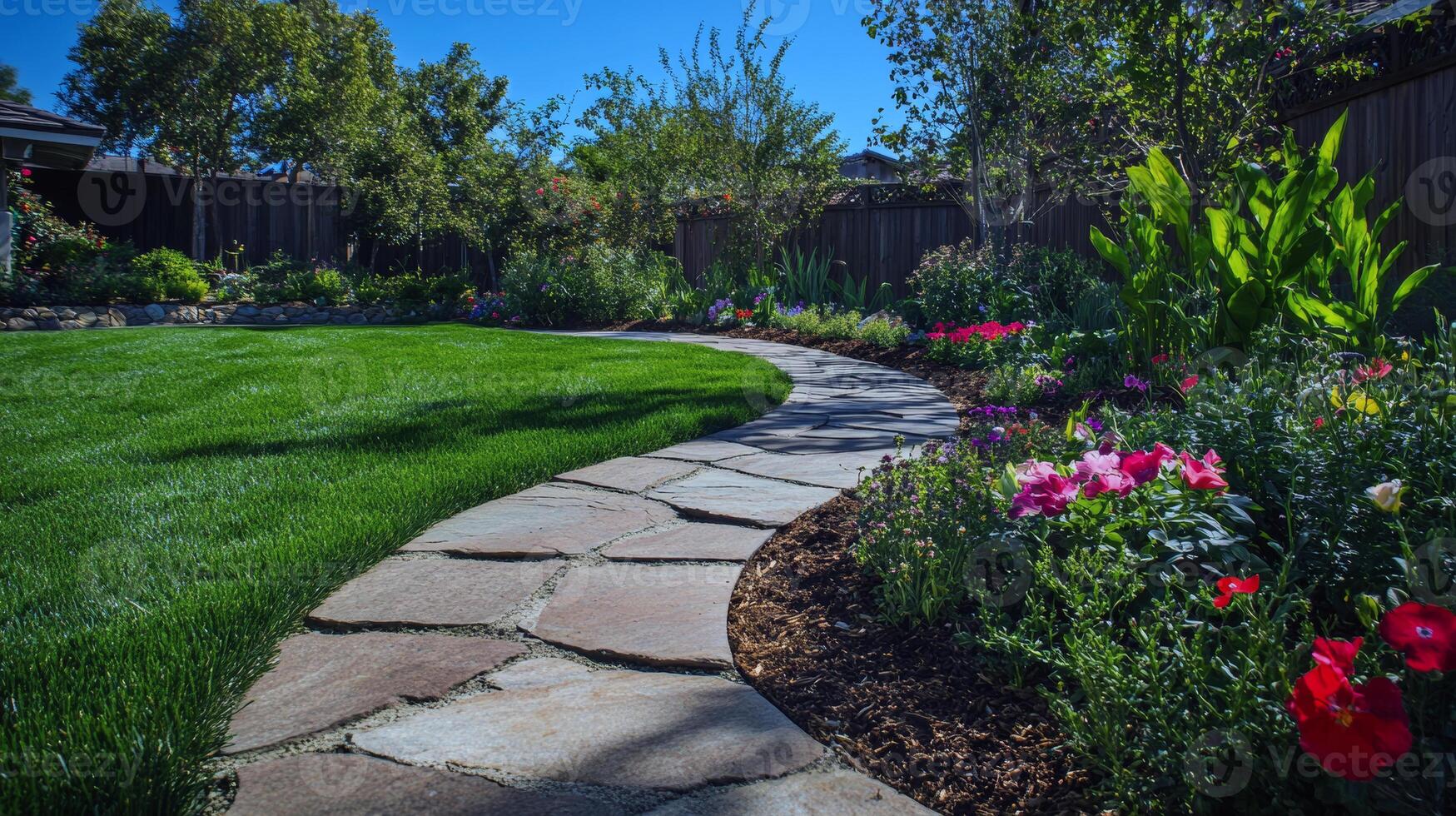 Serene garden pathway with lush greenery and colorful flowers in a sunny backyard photo
