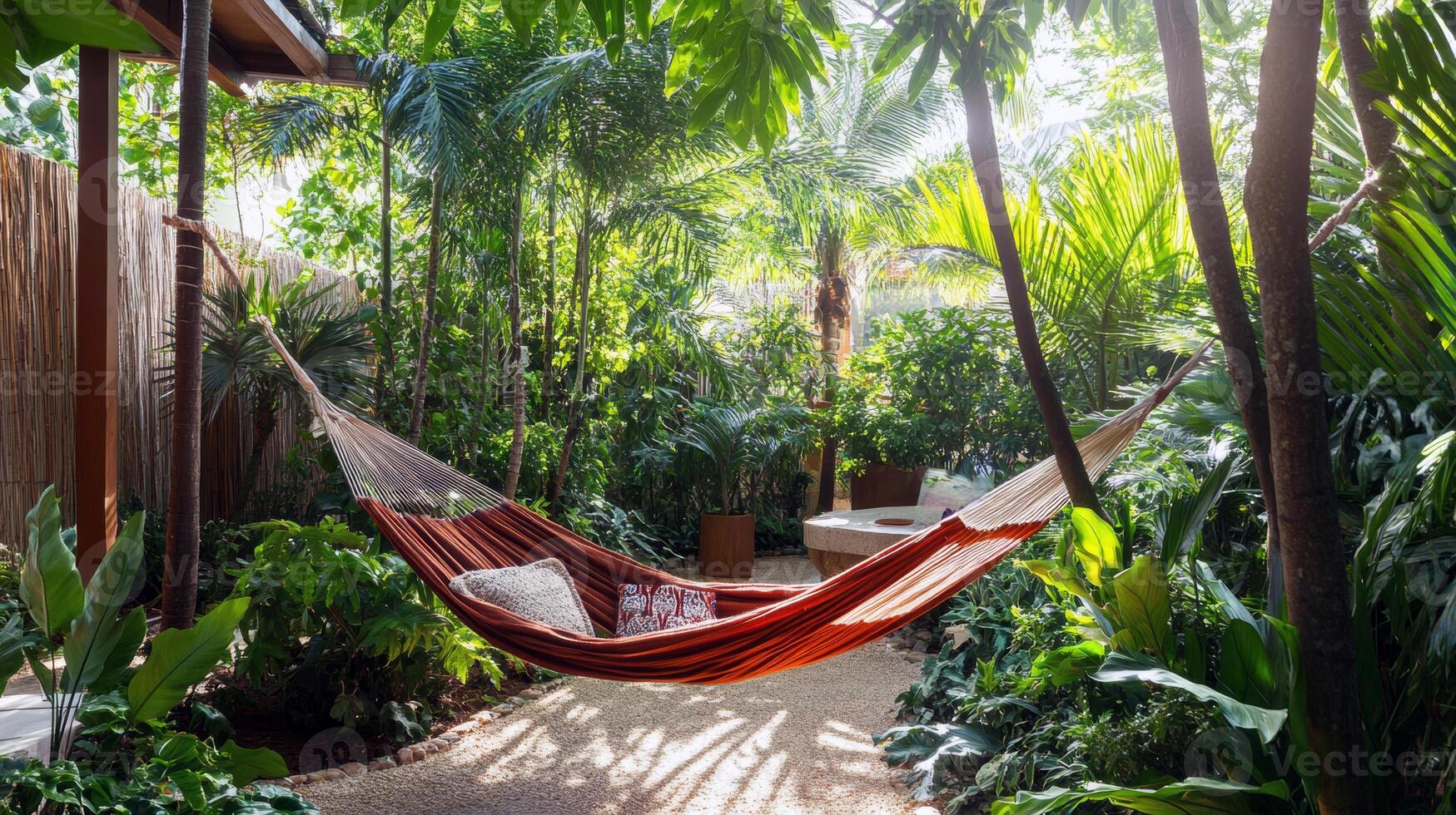 Tropical garden retreat with cozy hammock and lush greenery photo