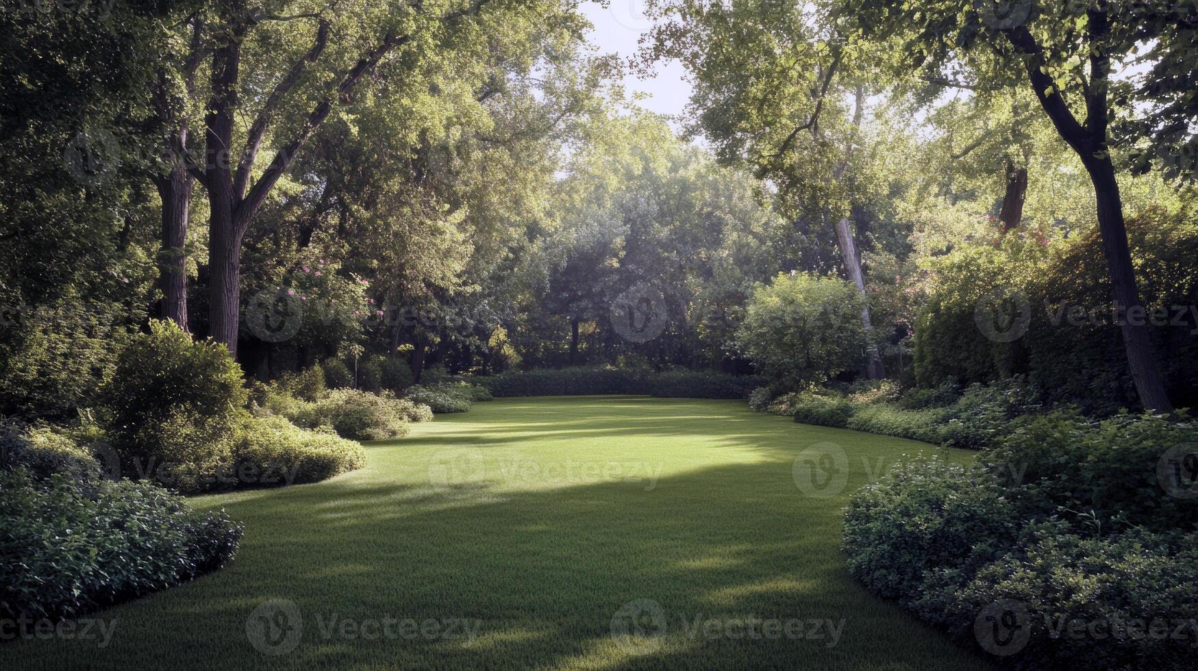 Lush green garden with manicured lawn surrounded by tall trees under bright sunlight photo