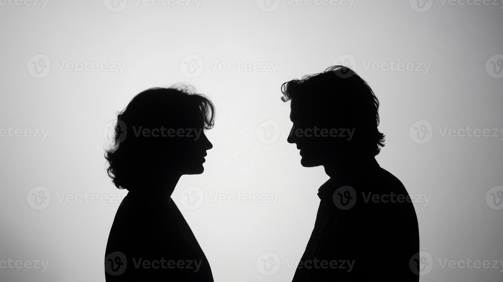 Silhouette of young caucasian male and female facing each other in profile photo