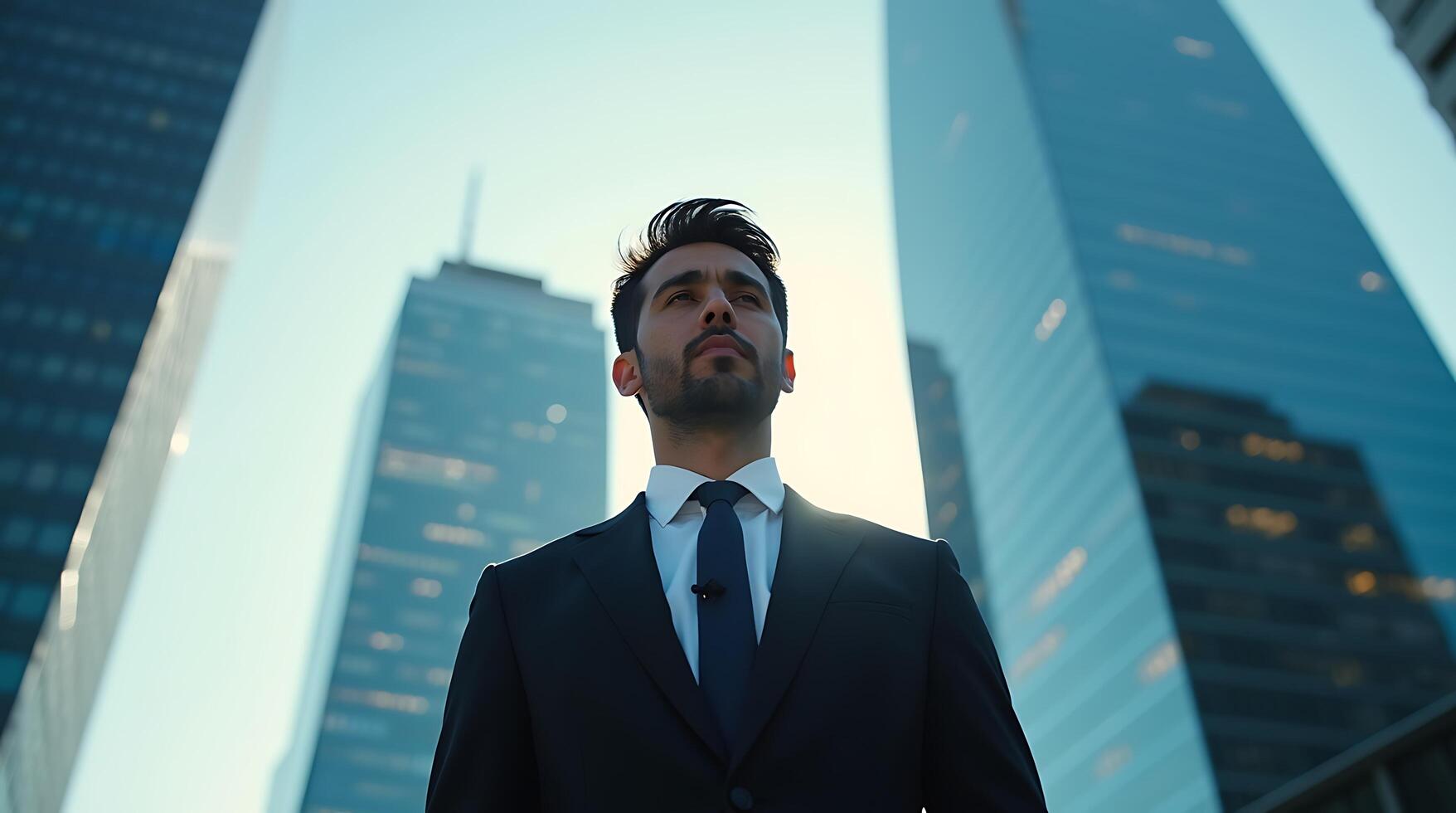 A man in a suit and tie standing in front of tall buildings photo