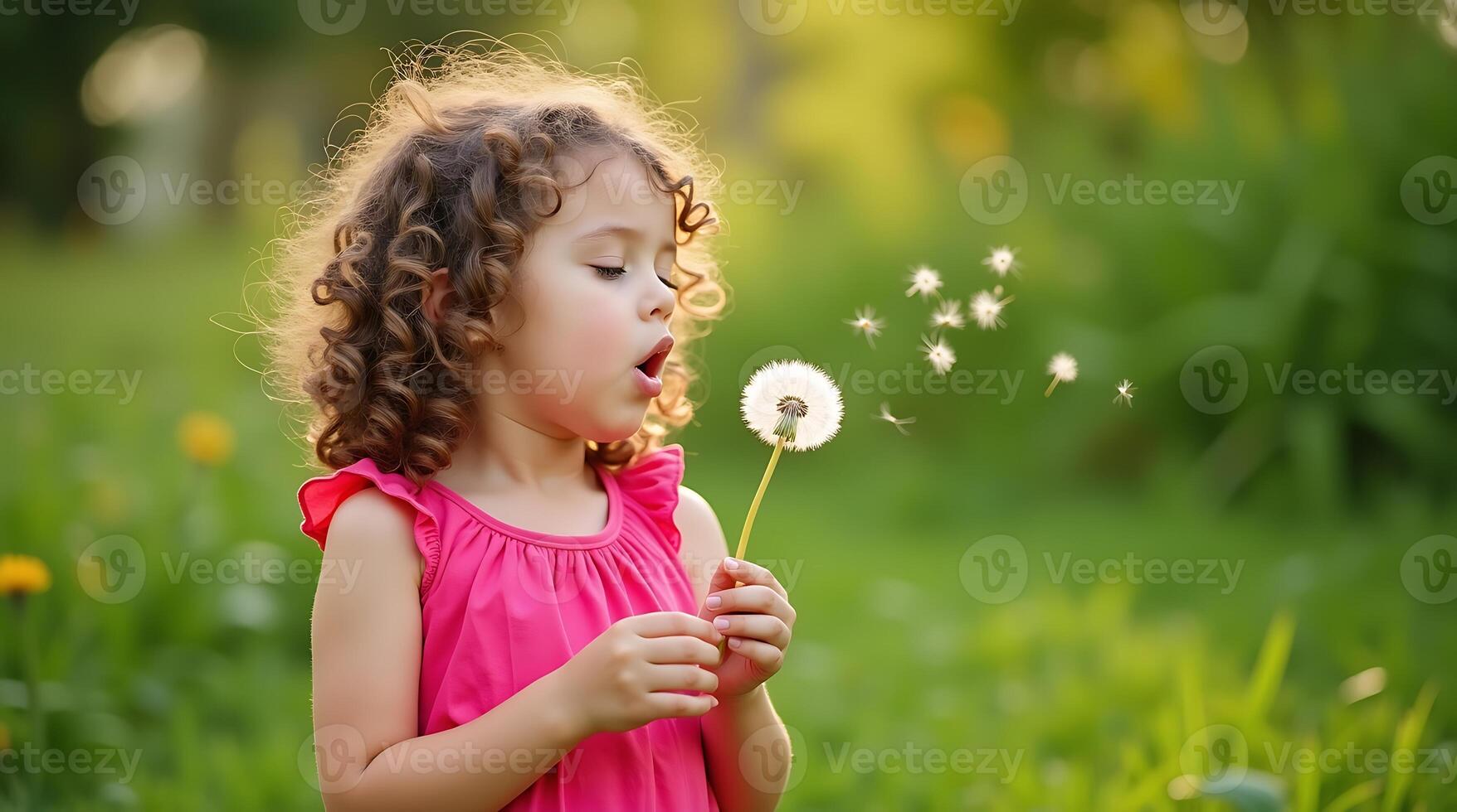 Child blowing dandelion seeds in a green park setting, holding dandelion with blurred background photo