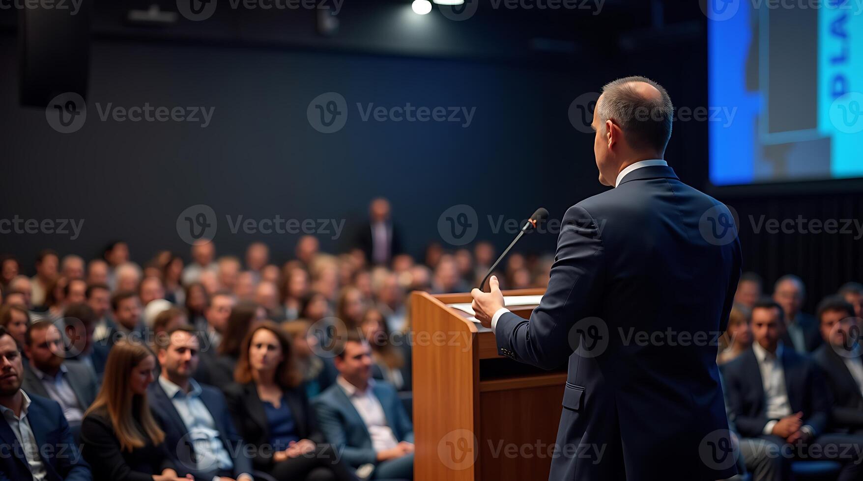Man in a suit addressing audience at a formal event or conference podium photo