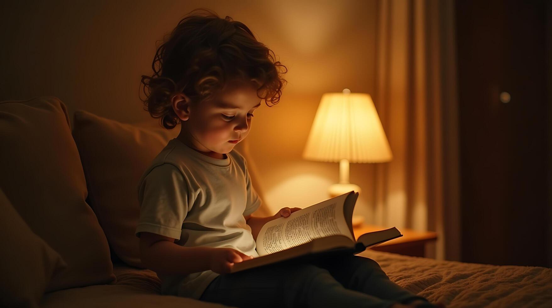 A young child sitting on a bed reading a book photo