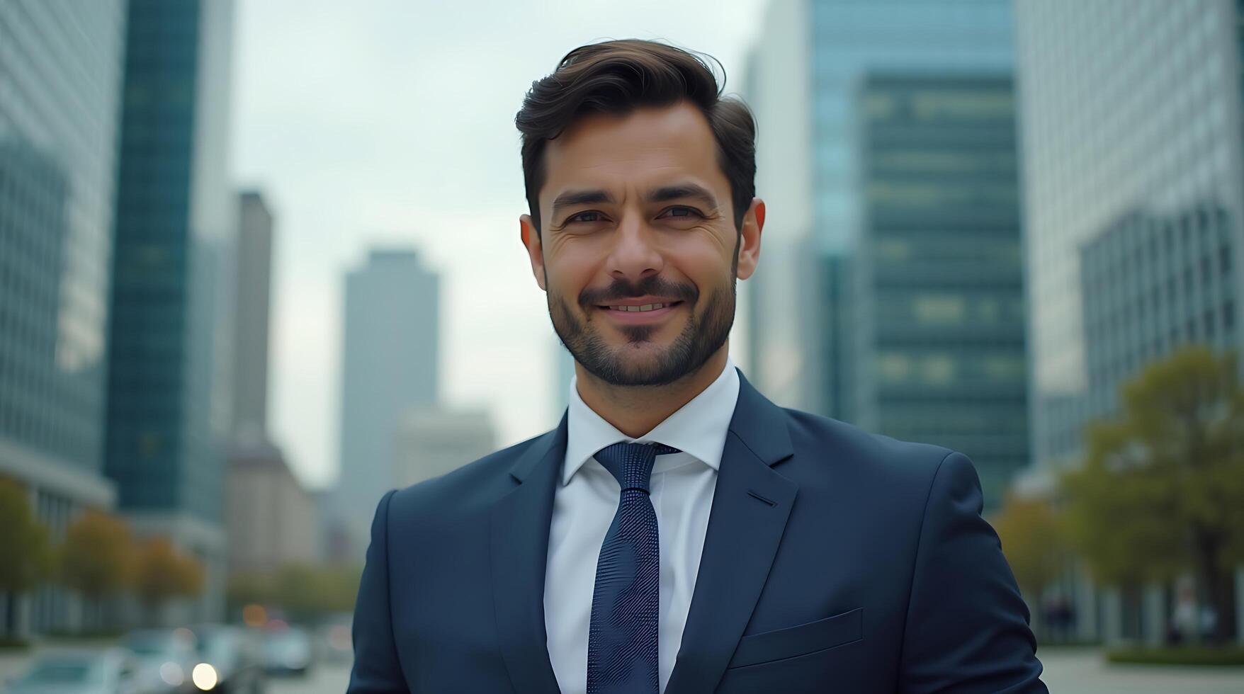 A man in a suit and tie standing in front of a city photo