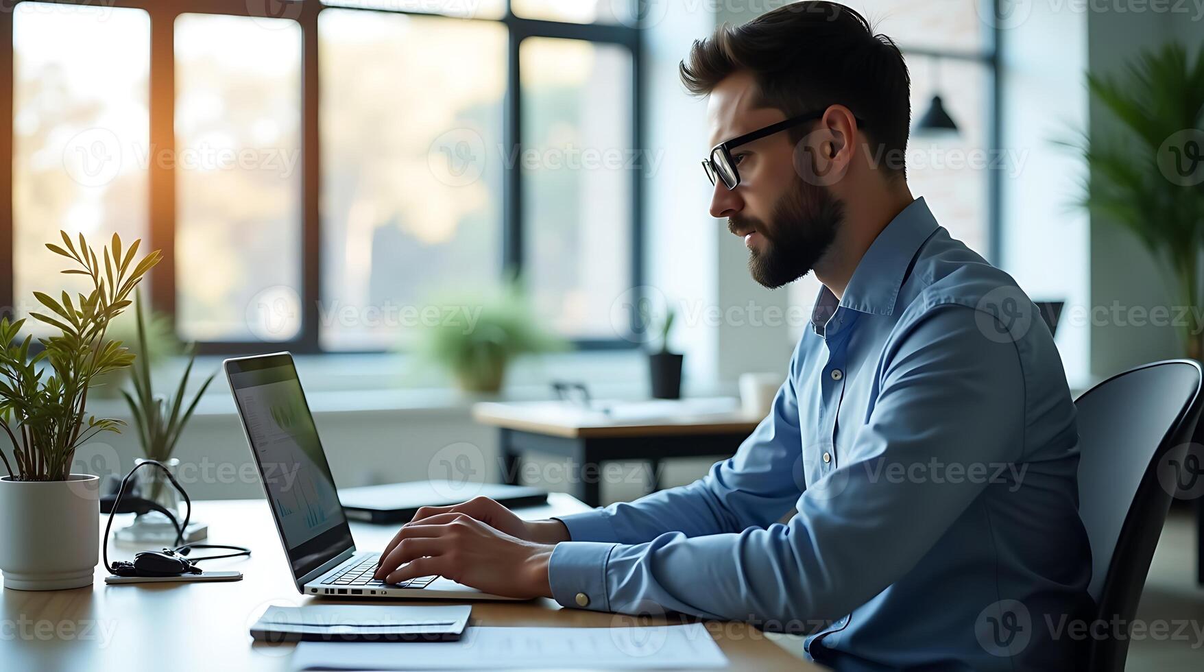 a man with a beard and glasses is sitting at a desk using a laptop photo