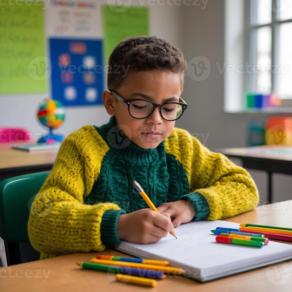 Child writing in a notebook with colored pencils scattered on the desk in a classroom photo