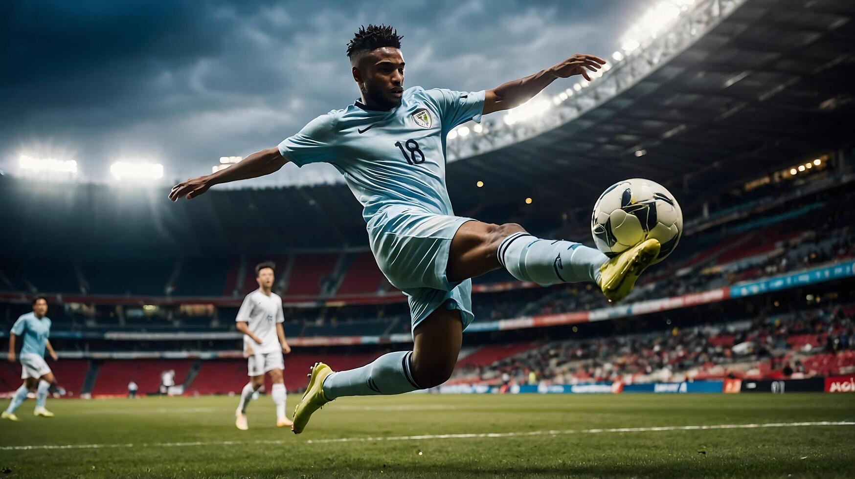 Soccer player in mid-air performing high kick in stadium with number 18 in light blue uniform photo