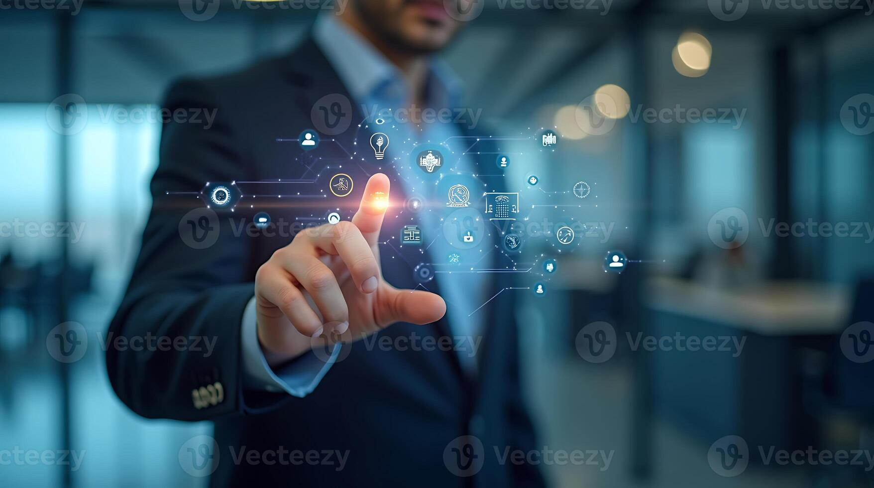 Person interacting with futuristic touchscreen displaying various data visualizations in modern office photo