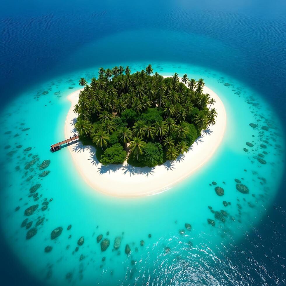 Lush tropical island surrounded by turquoise waters with dense palm trees and sandy beach photo