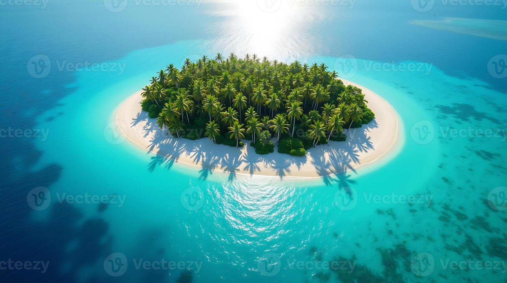 an island with palm trees in the middle of the ocean photo