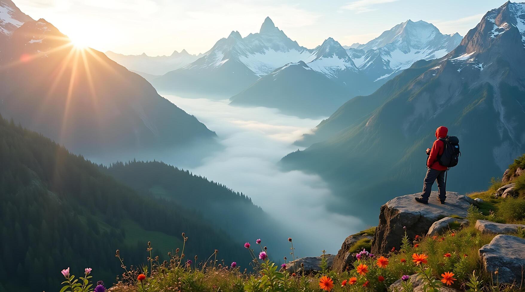 Hiker standing on edge of cliff, red jacket, with stunning mountain landscape photo