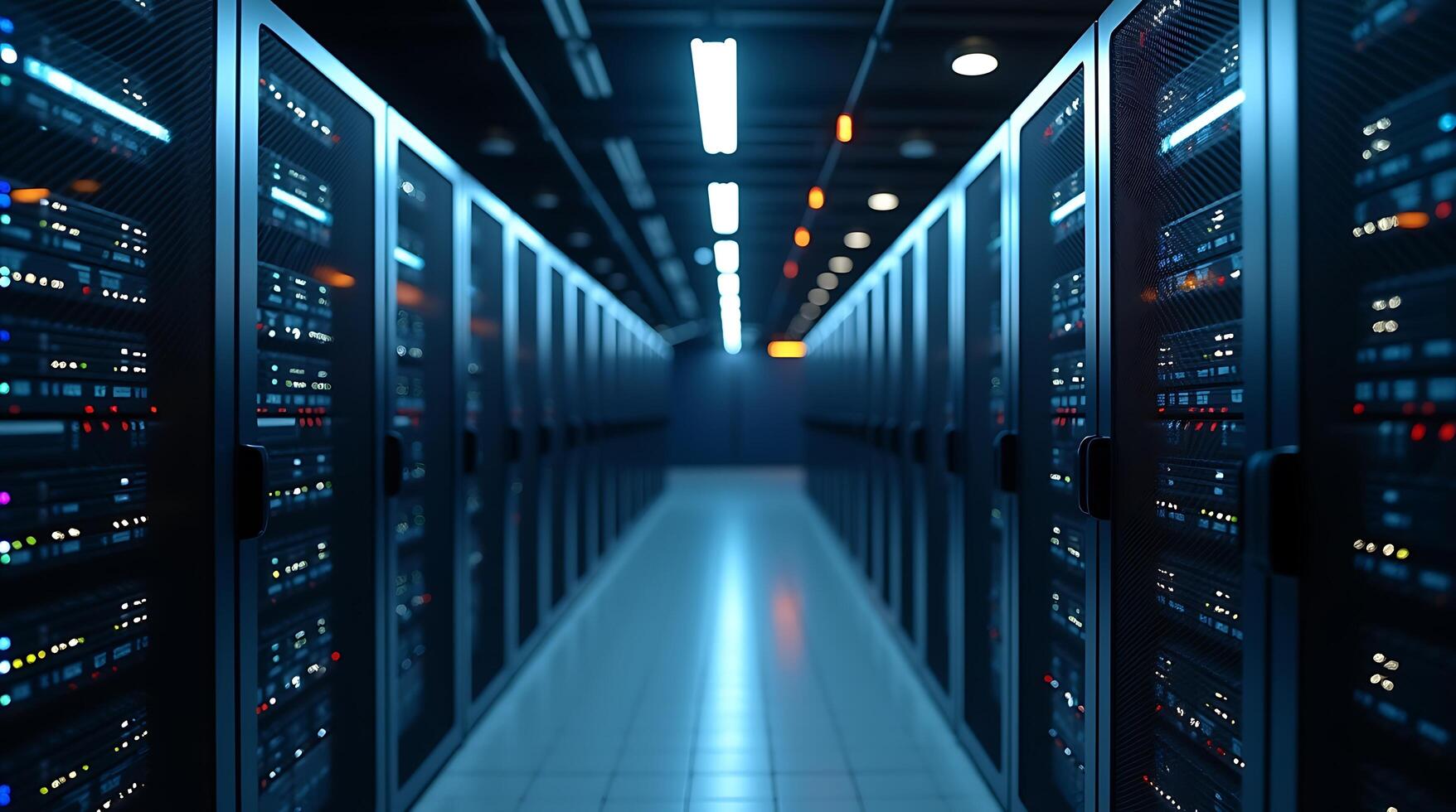 Corridor with server racks on both sides in a data center with organized electronic equipment photo