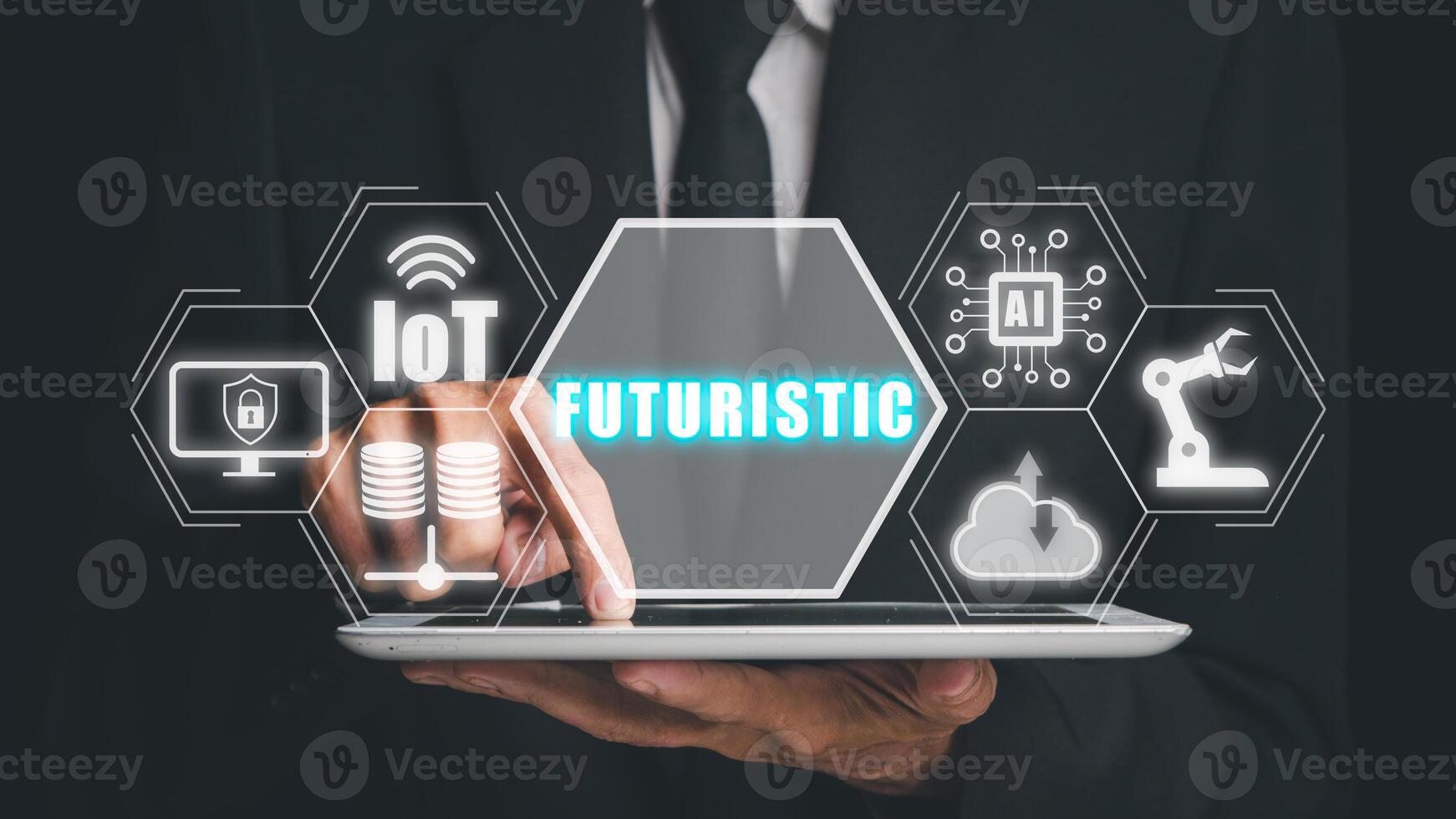 Futuristic concept, Person working on digital tablet with futuristic icon on virtual screen, IOT, cyber security, big data, Cloud computing, Ai, and automation. photo