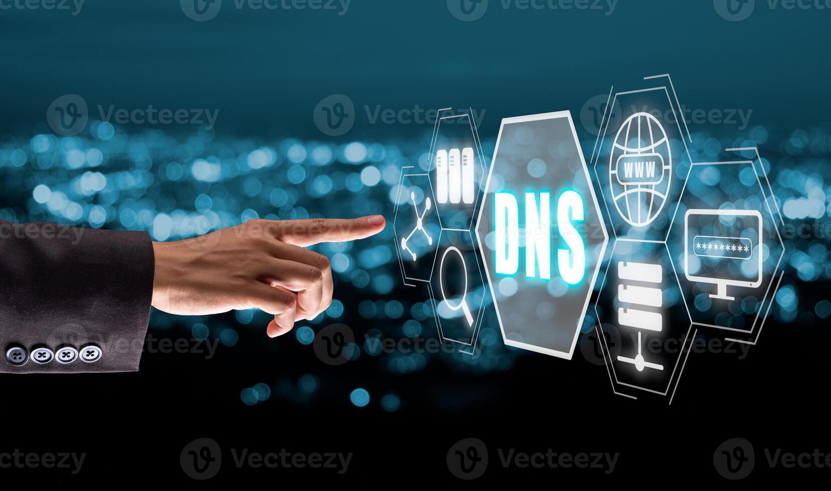 DNS, Domain name System server concept, Person hand touching domain name system server icon on virtual screen with blue bokeh background, Mixed media. photo