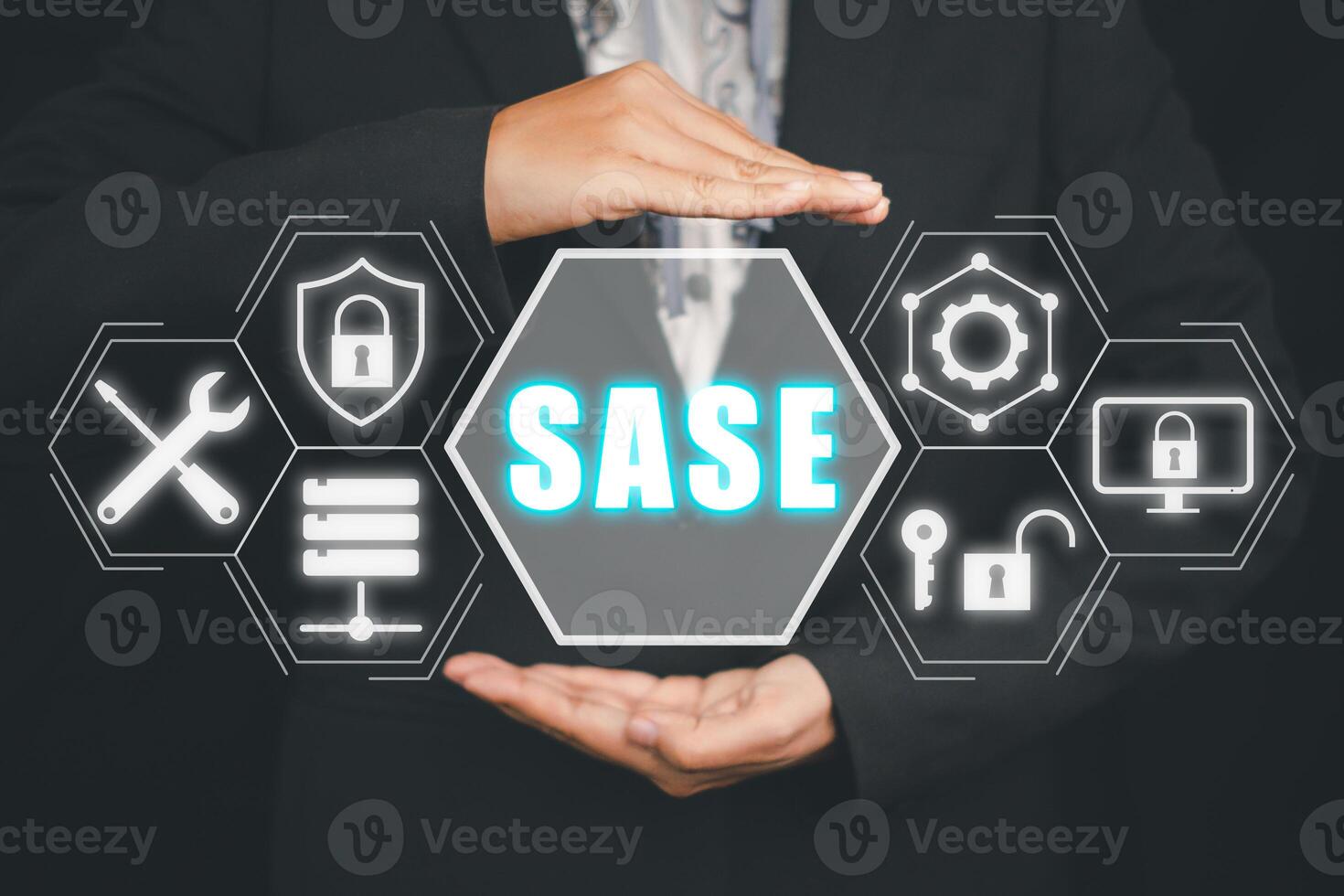 Secure Access Service Edge concept, Person hand holding Secure Access Service Edge icon on virtual screen background, password, network, framework and support. photo