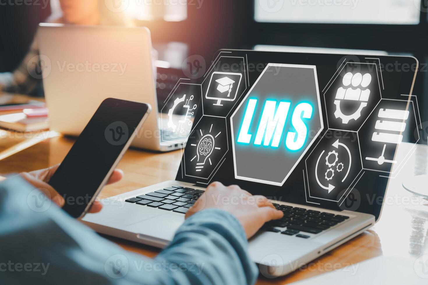 Learning Management System concept, Business person using laptop computer with LMS icon on virtual screen, online education, course, application, study, elearning, knowledge everywhere and every time. photo