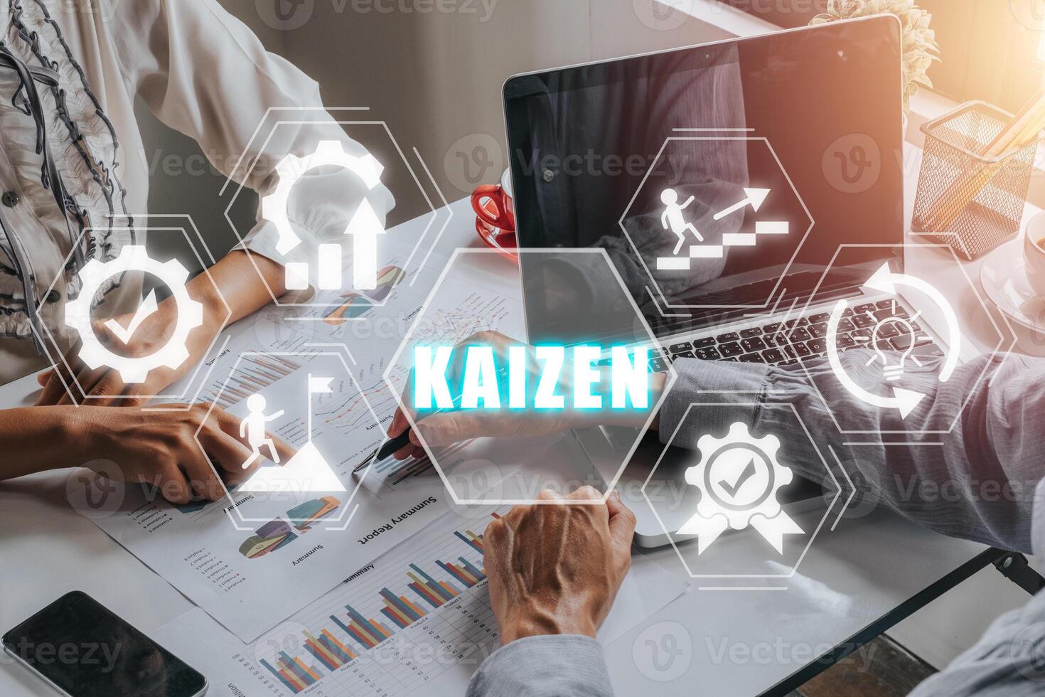KAIZEN concept, Business person team working on laptop and analyzing financial data with kaizen icon on virtual screen, Business philosophy and corporate strategy concept of continual improvement. photo
