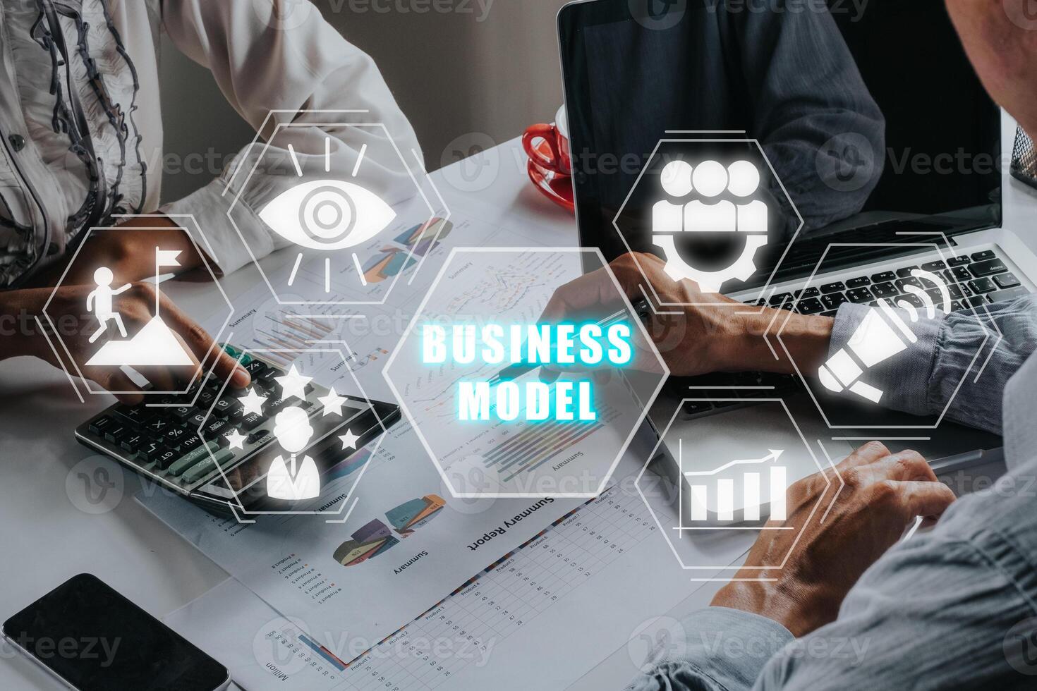 Business model and planning project concepts, Two business colleagues discussing data on desk with business model icon on virtual screen. photo