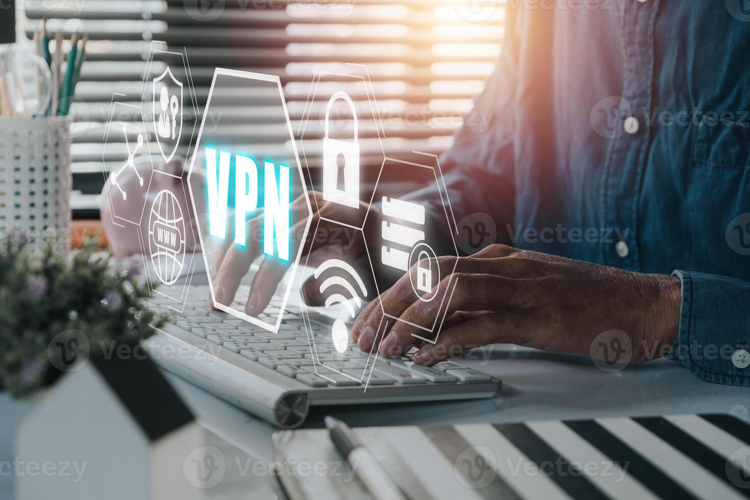 VPN Virtual Private network protocol concept, Man hand typing on keyboard computer with vpn icon on VR screen. photo