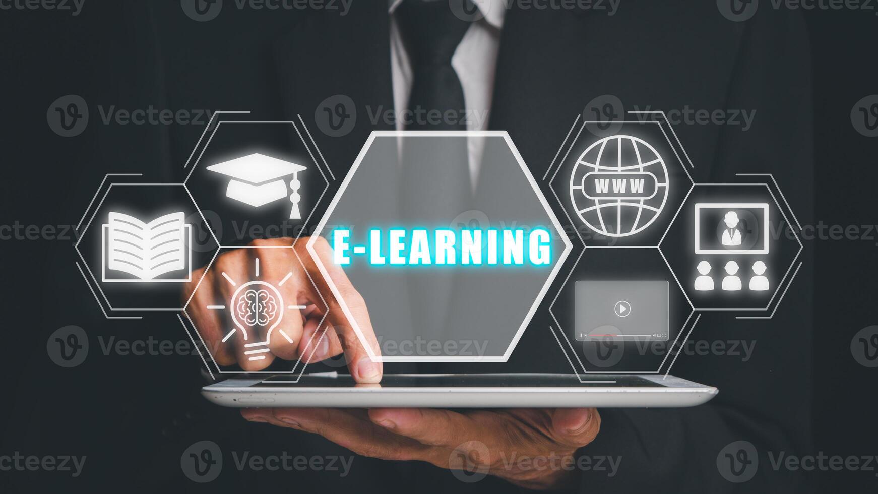 Training online, Education webinar, Person hand working on digital tablet with VR screen training online icon background, education on internet, e-learning concept. photo