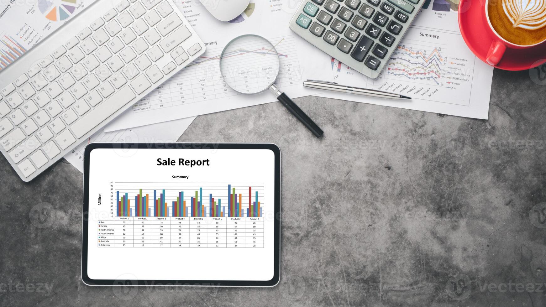 Tablet with charts and reports on office desk workplace. photo
