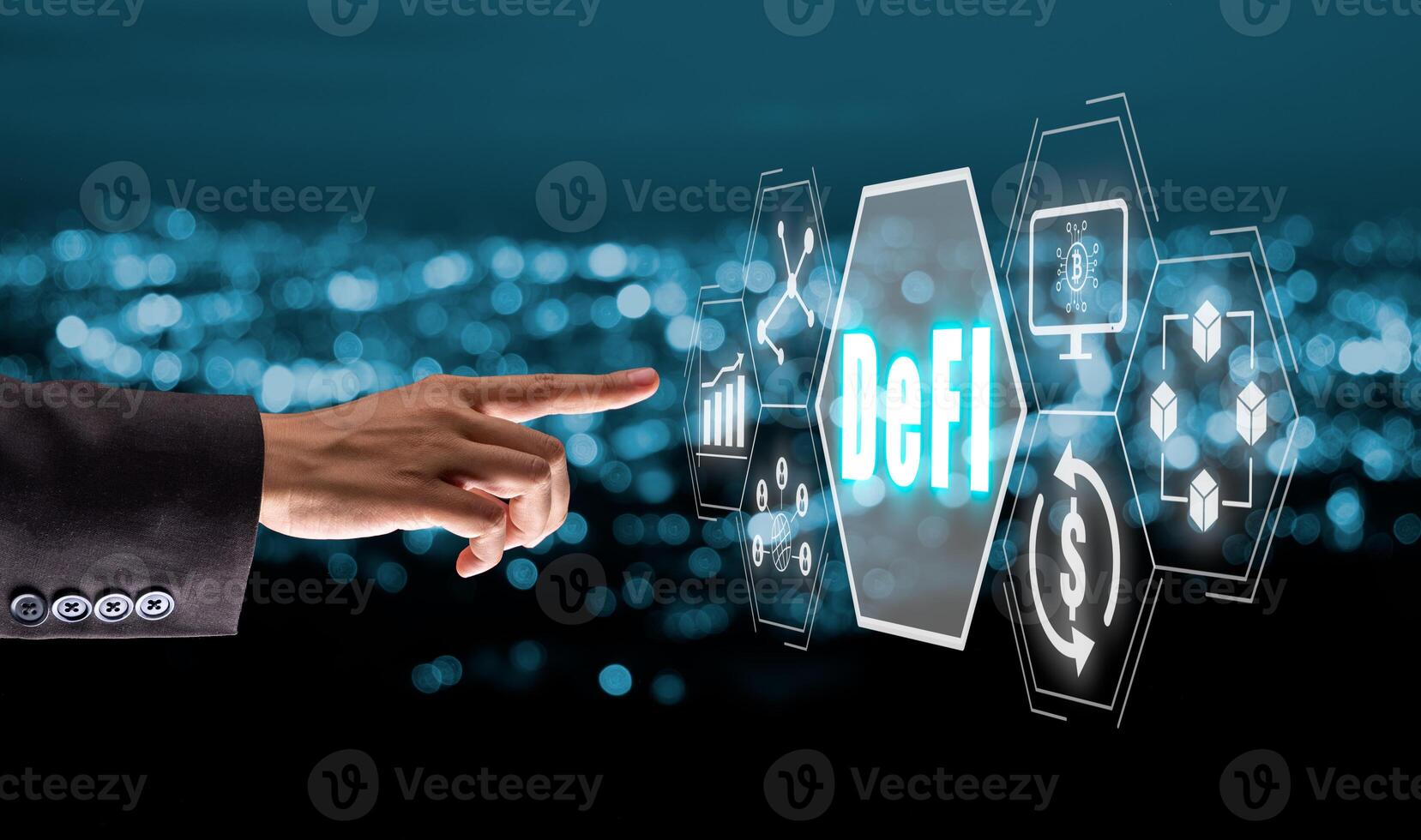 DeFi -Decentralized Finance on dark blue abstract polygonal background. Concept of blockchain, decentralized financial system photo