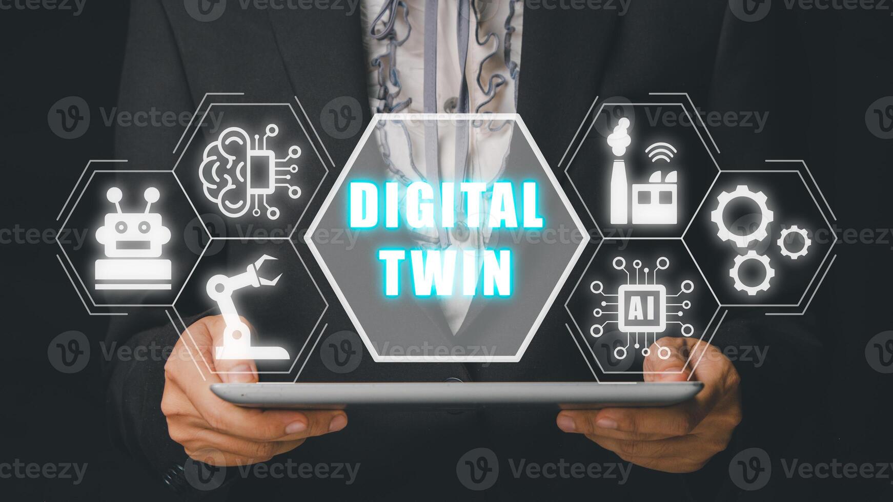 Digital twin business and industrial process modelling, Business woman using tablet with digital twin icon on virtual screen, innovation and optimisation. photo