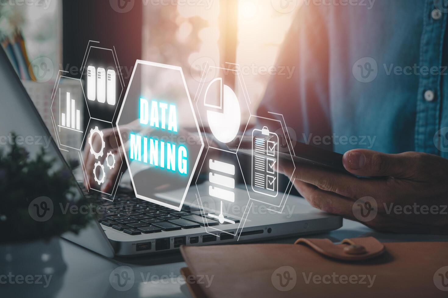 Data mining banner web icon for business and organization, Businessman working on laptop computer with data mining icon on VR screen. photo
