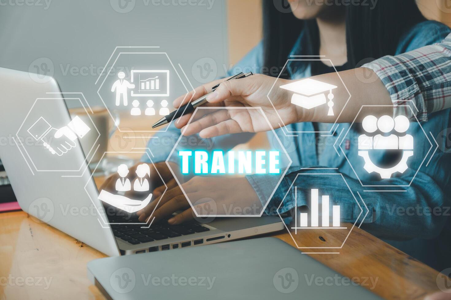 Trainee program and apprenticeship on the Job Training Concept, Business team using laptop computer with trainee icon on virtual screen background, training, mentor, support. photo