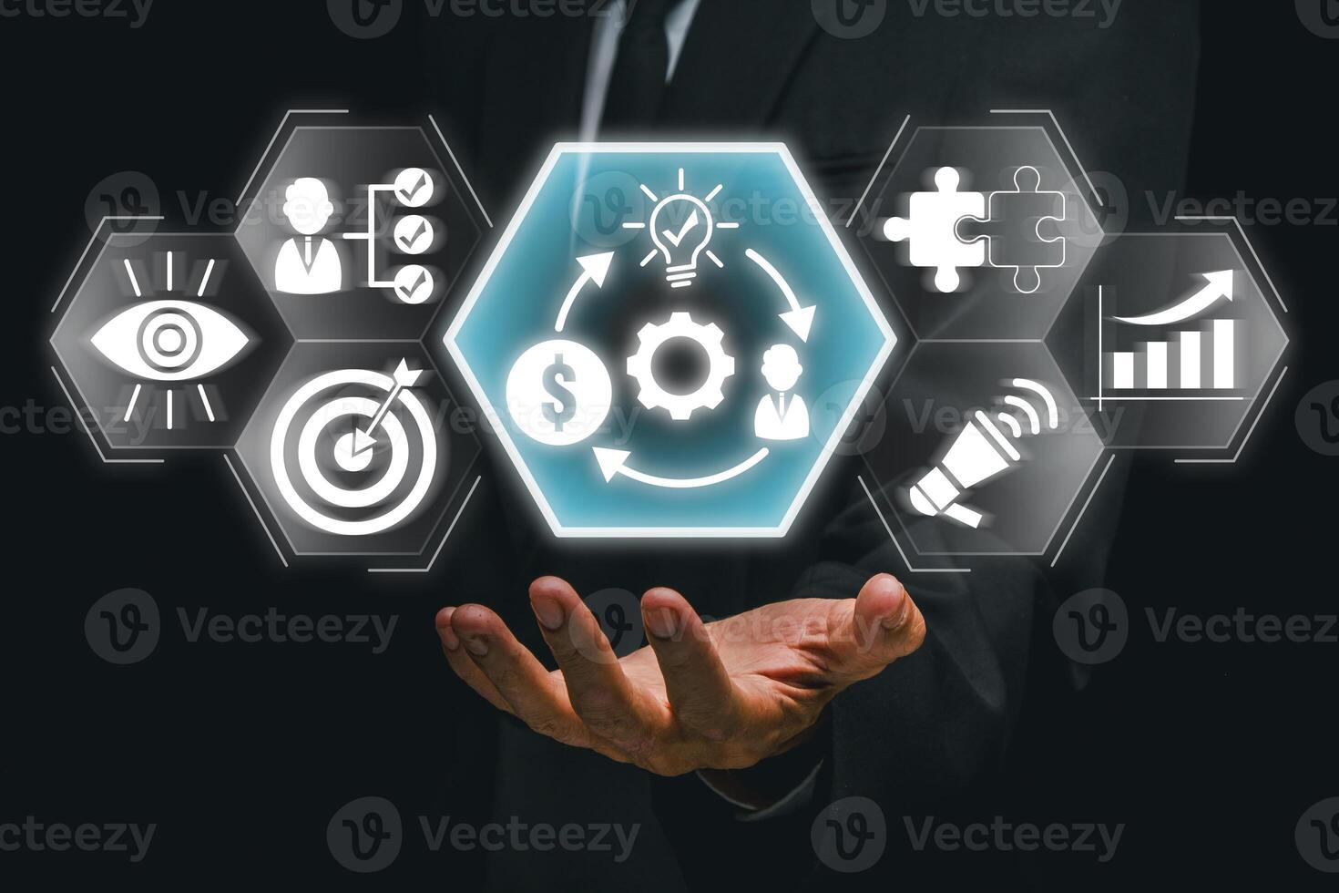 Visual representation of a business model concept with futuristic icons and technology elements, ideal for modern enterprises. photo