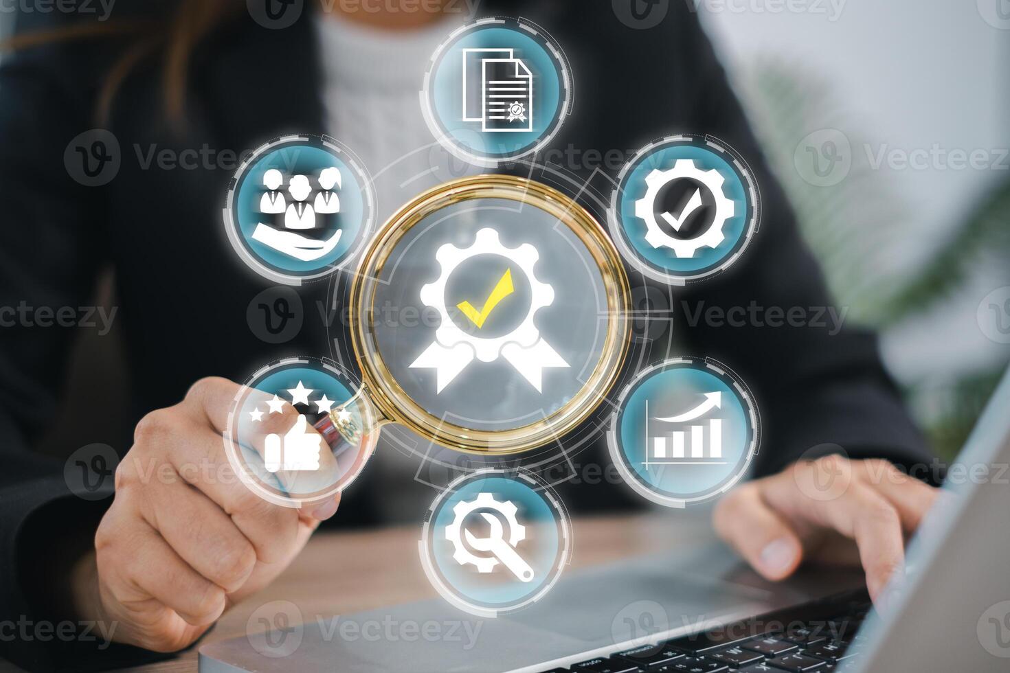Visual representation of quality assurance with icons symbolizing standards, process improvement, and business efficiency. photo