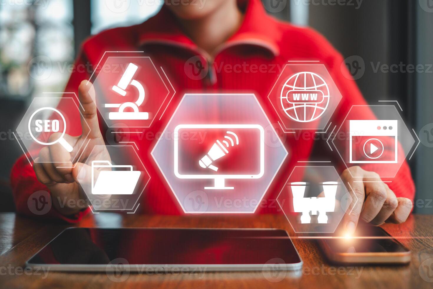 A modern digital marketing concept featuring technology icons and business strategy elements for online promotion and engagement. photo