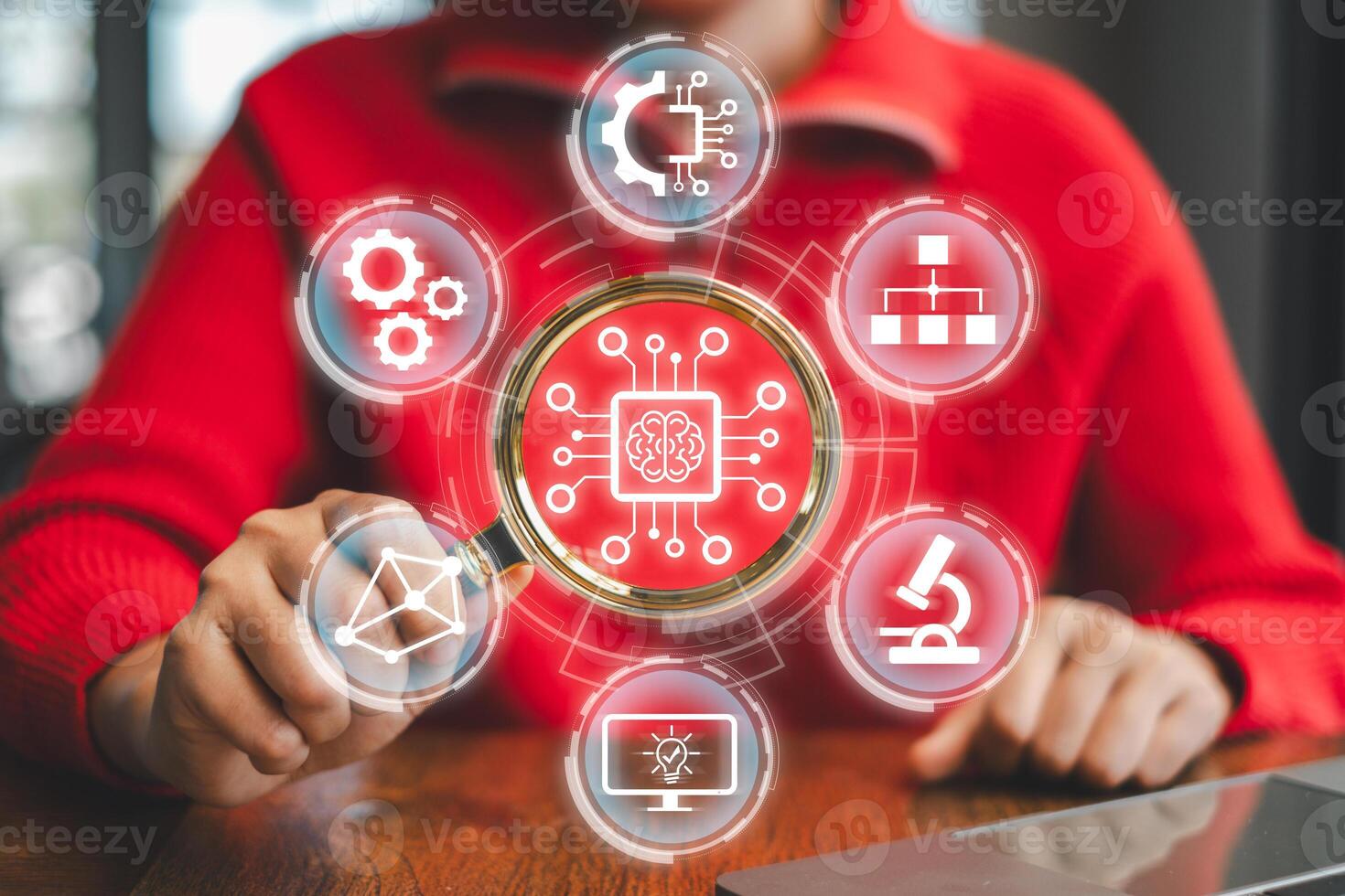 Visual representation of machine learning with digital icons and AI elements, showcasing innovation in technology. photo