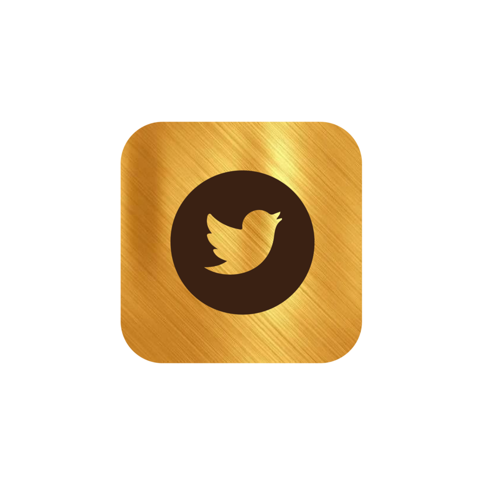 A gold twitter logo on a flat shape png