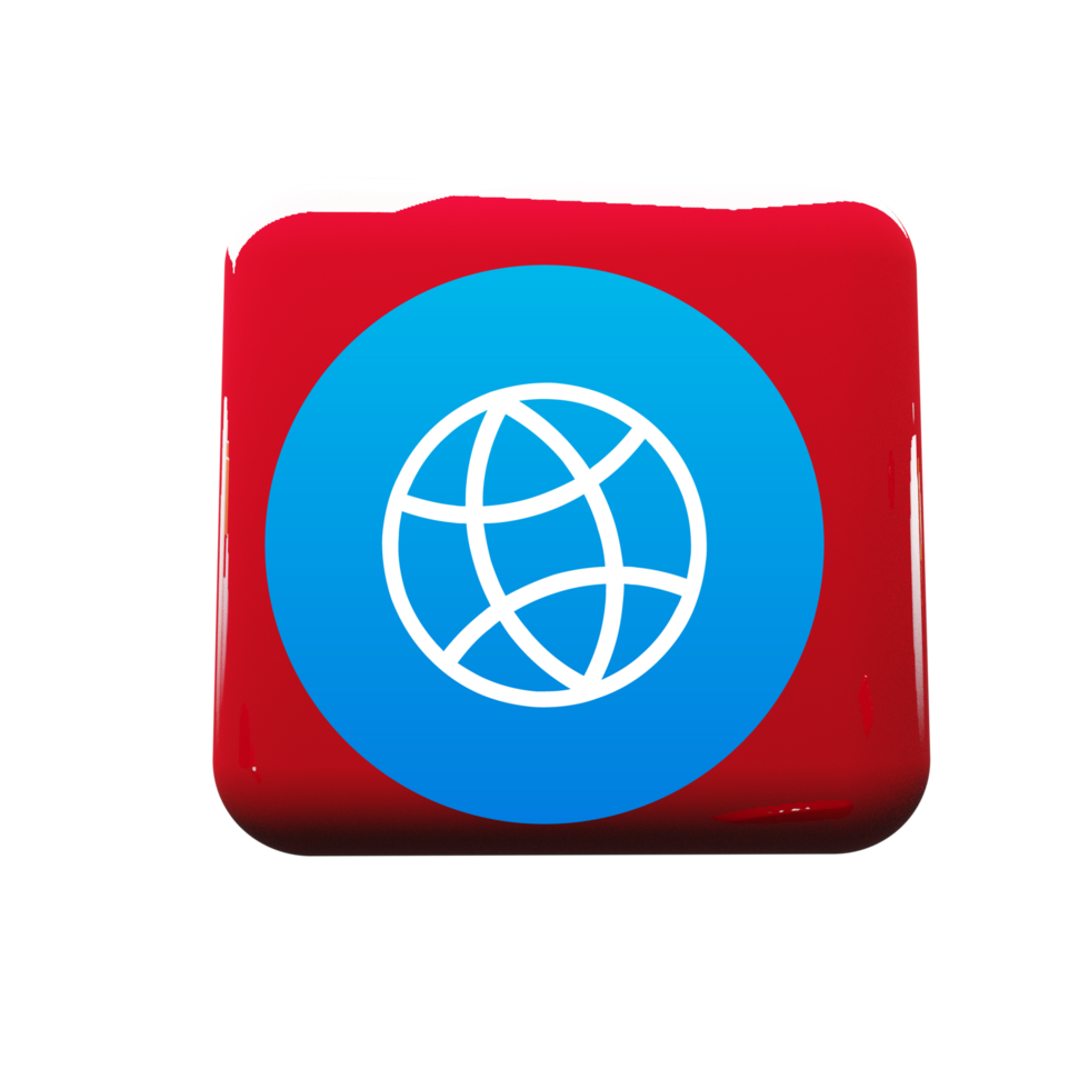 A red button with a blue globe on it flat png
