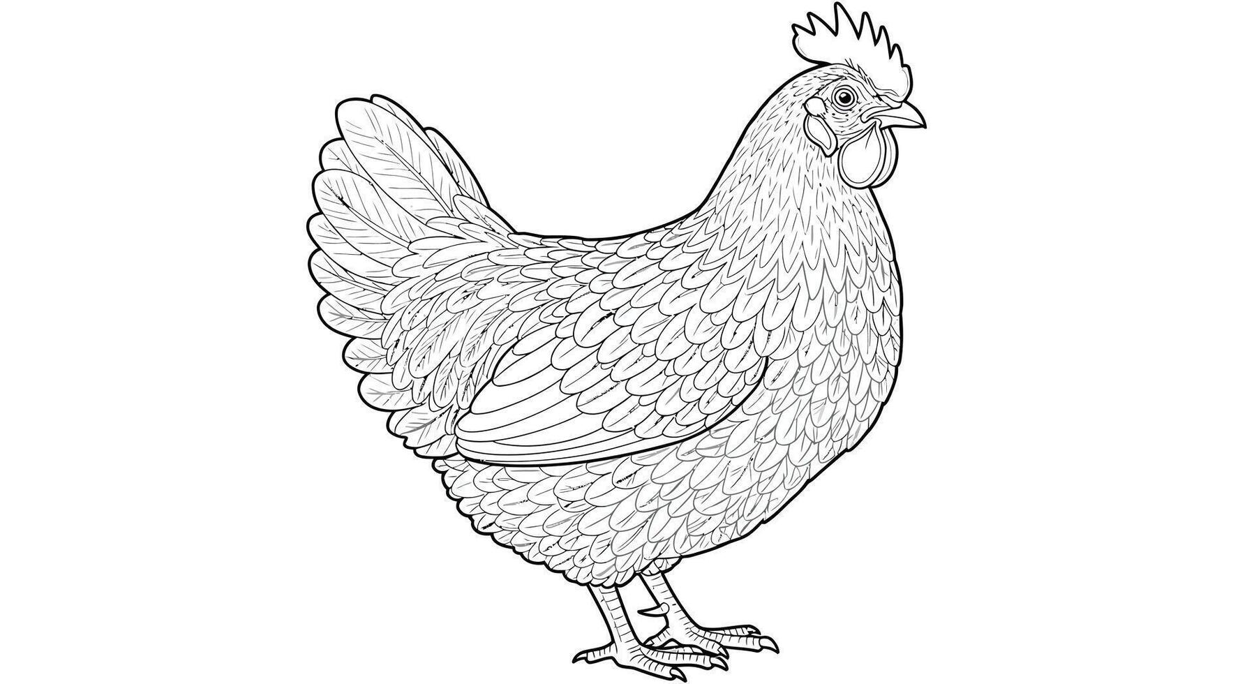 Coloring page of a chicken with detailed feathers vector