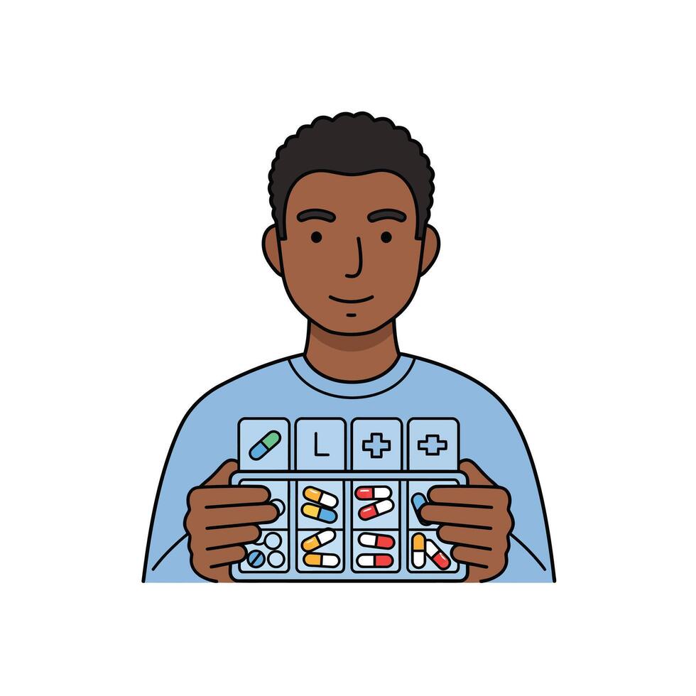 A Male Holding a Daily Pill Organizer With Vitamins vector