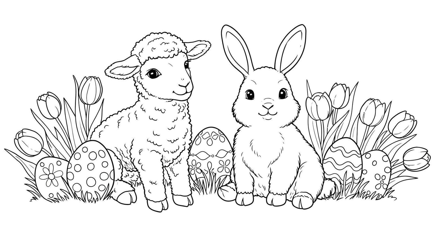 Outline of a Fluffy Lamb and a Playful Easter Bunny Sitting Together Surrounded by Tulips and Decorated Easter Eggs vector