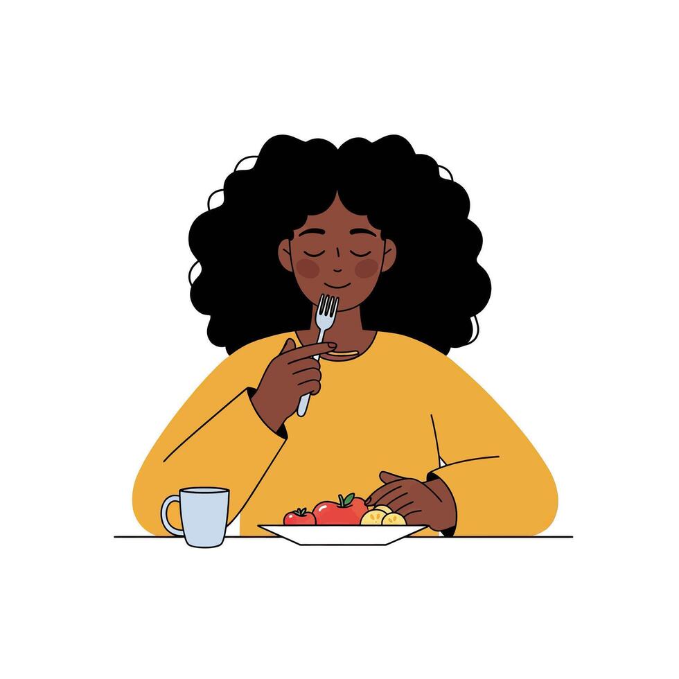 Mindful Eating With a Person Savoring Food on a White Background vector