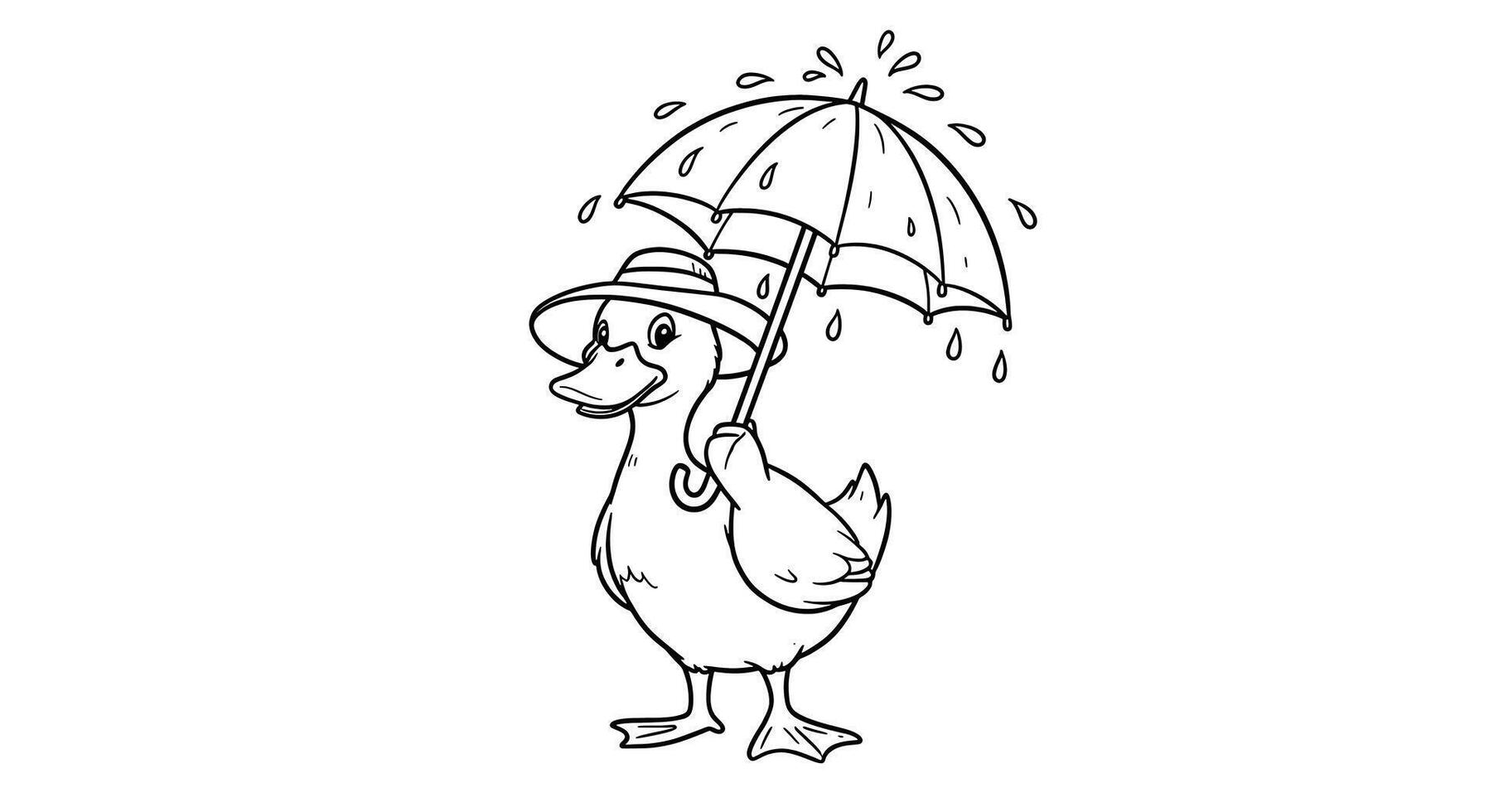 Coloring page of A Duck Wearing a Sunhat Standing on One Leg and Holding an Umbrella. vector