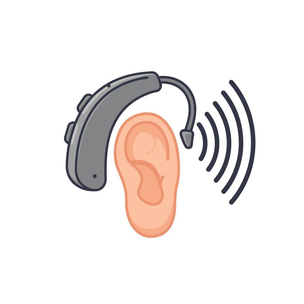 Hearing Aid Placed Behind the Ear With Sound Waves vector